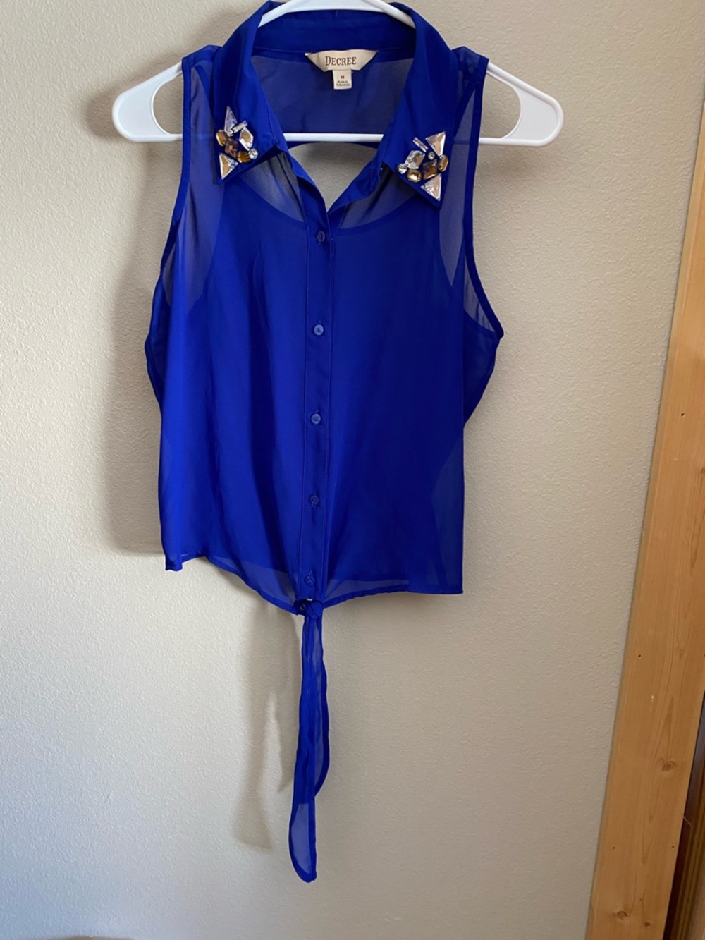 Bling Y2K Decree Royal Blue Sleeveless Tie-Front Blouse with Jeweled Collar